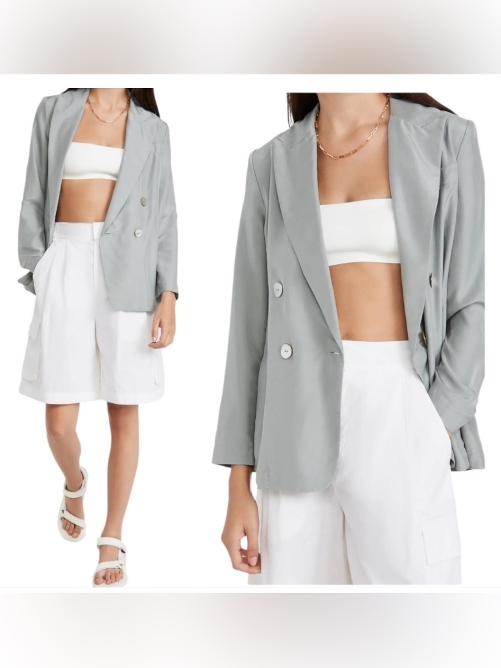 Vince Silk Satin Double-Breasted Light Gray Long Sleeve Blazer Size 0